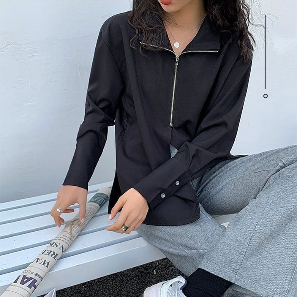 Stand Collar Zip Blouse Zuri Lou