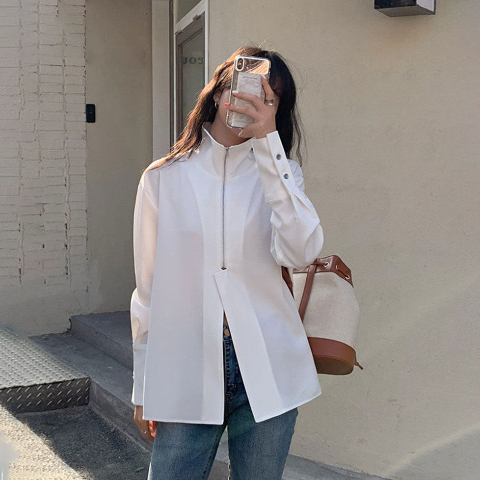 Stand Collar Zip Blouse Zuri Lou