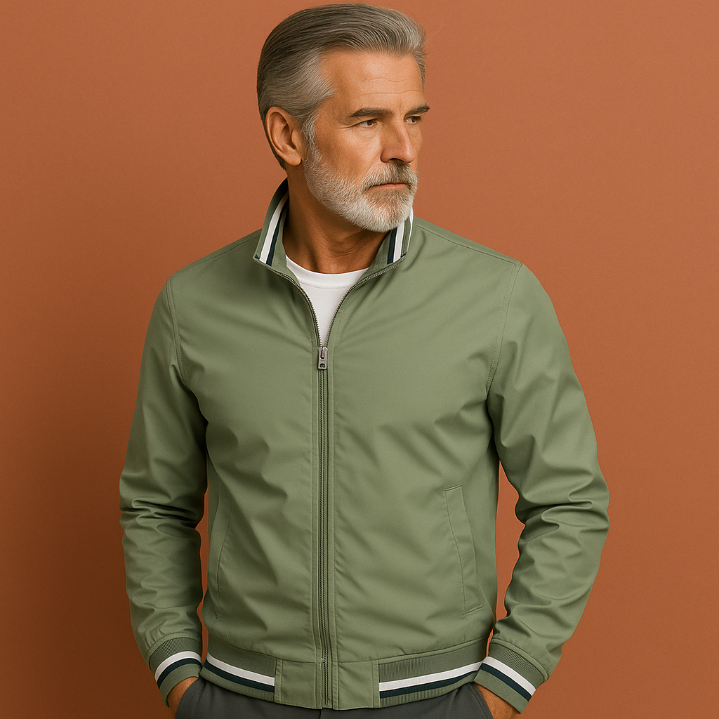 Men’s lightweight transitional jacket in army green with sporty collar, breathable and stylish for casual outfits.