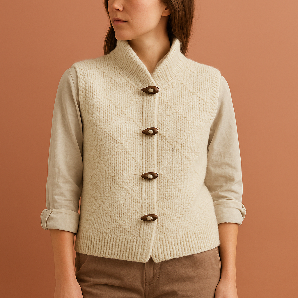 Women’s knitted cardigan in beige with button closure and high collar, soft and comfortable for casual and stylish winter outfits.