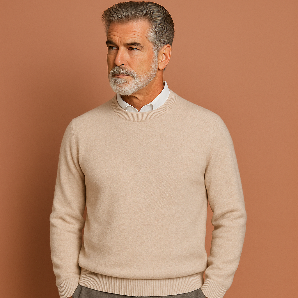 Men’s classic sweater in beige with timeless design, comfortable and elegant for business and casual outfits.