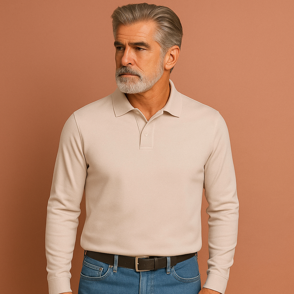 Men’s long sleeve polo sweater in beige with classic design, soft and comfortable for casual and business outfits.