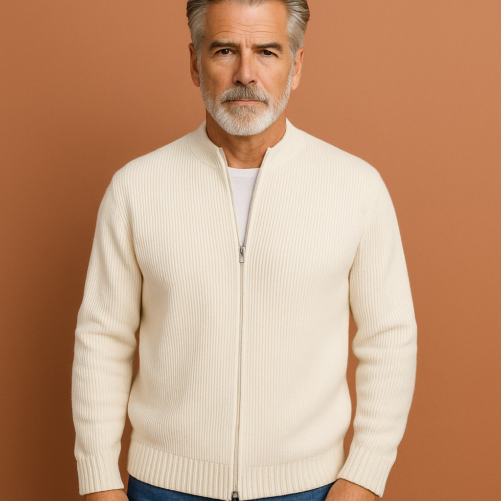 Men’s premium soft cardigan in beige, warm and comfortable with a timeless design for casual and formal outfits.