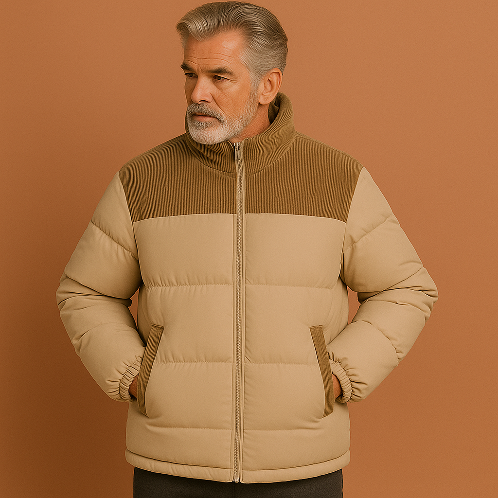 Men’s puffer jacket in beige with corduroy detail, warm and comfortable for casual and stylish winter outfits. front
