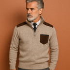 Men’s pullover sweater in beige with collar and chest pocket, comfortable and stylish for casual and cool-weather outfits.