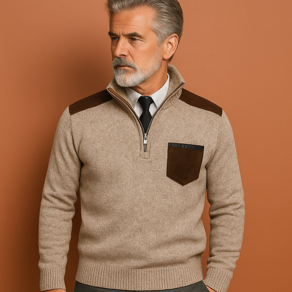 Men’s pullover sweater in beige with collar and chest pocket, comfortable and stylish for casual and cool-weather outfits.