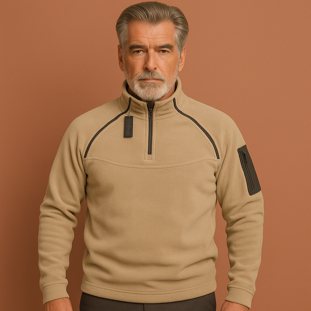 Men’s tactical fleece sweater in beige with windproof design, durable and comfortable for outdoor adventures.