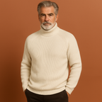 Men’s turtleneck sweater in beige with elegant fit, soft and comfortable for casual and formal outfits.