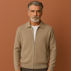 Men’s zip-up cardigan in beige with regular fit, modern design and comfortable feel for casual and semi-formal outfits.