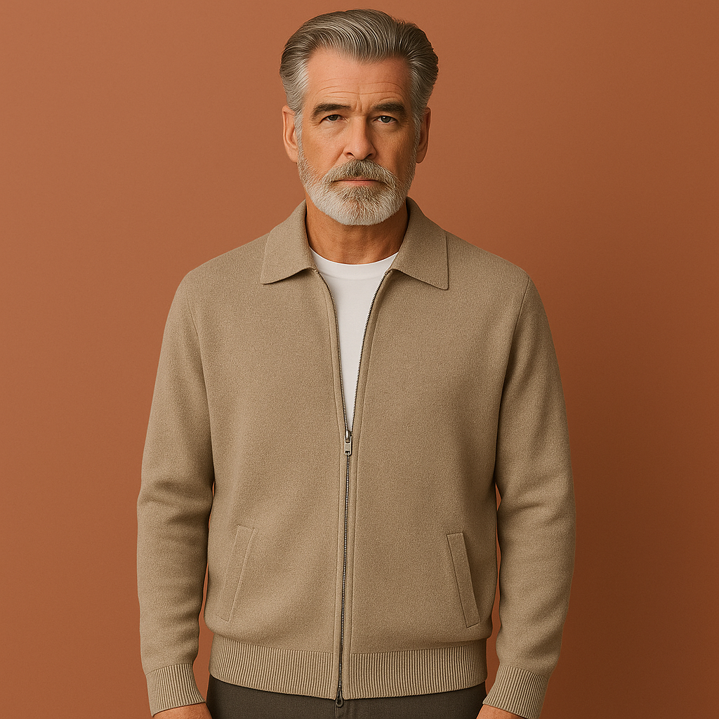 Men’s zip-up cardigan in beige with regular fit, modern design and comfortable feel for casual and semi-formal outfits.