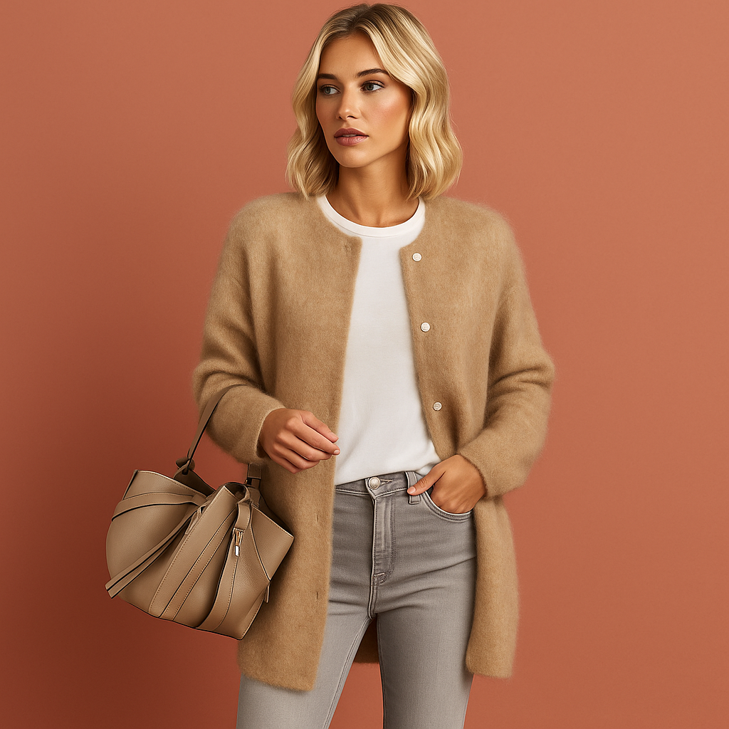 Women’s oversized cardigan in beige with minimalist design, soft and comfortable for casual and stylish outfits.