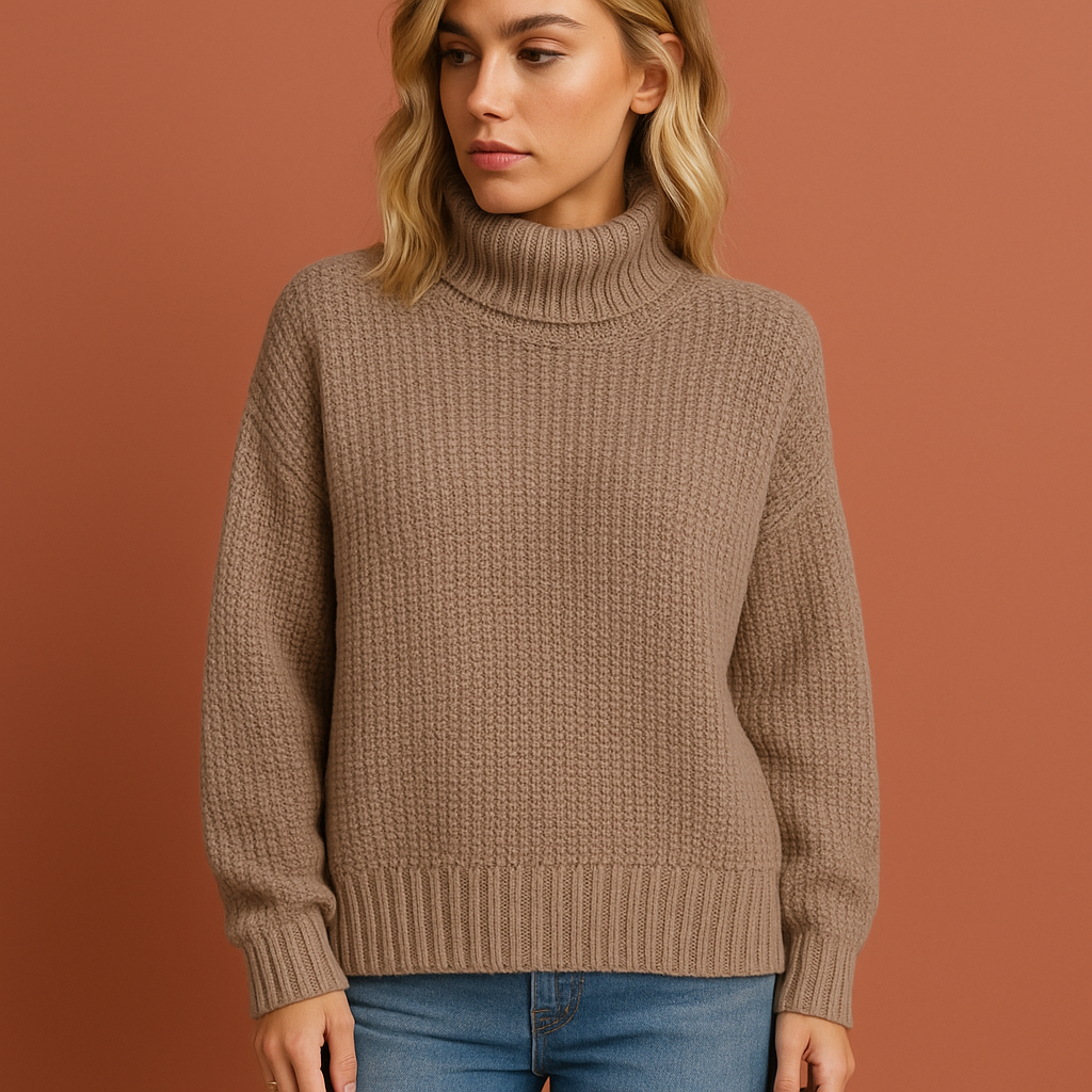 Women’s turtleneck sweater in beige with minimalist design, soft and comfortable for casual and stylish outfits.