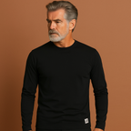 Men’s crew neck sweater in black with long sleeves, soft and comfortable for casual and stylish outfits.