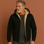 Men’s fleece sweater in black with fur lining, warm and comfortable for casual and stylish winter outfits.