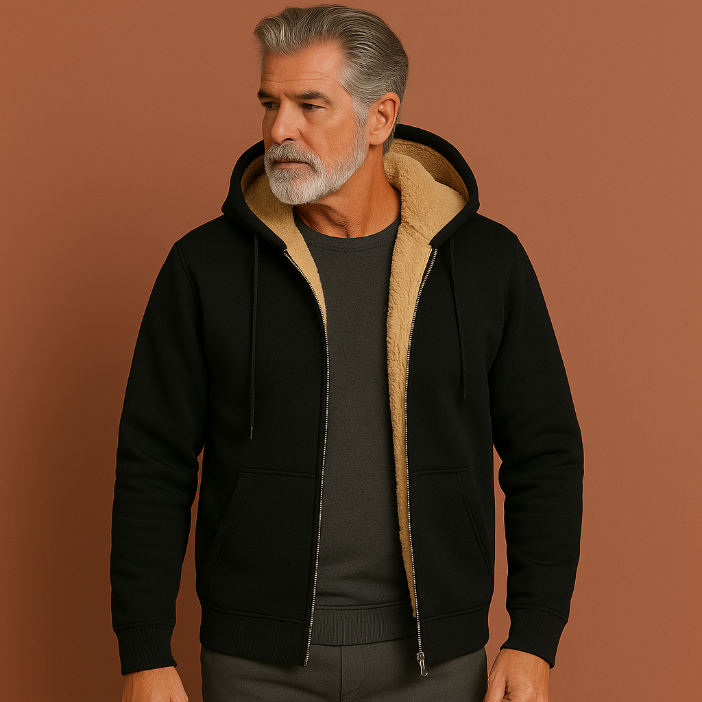 Men’s fleece sweater in black with fur lining, warm and comfortable for casual and stylish winter outfits.