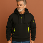 Men’s functional hoodie in black with multiple pockets, soft and comfortable for casual and outdoor use.
