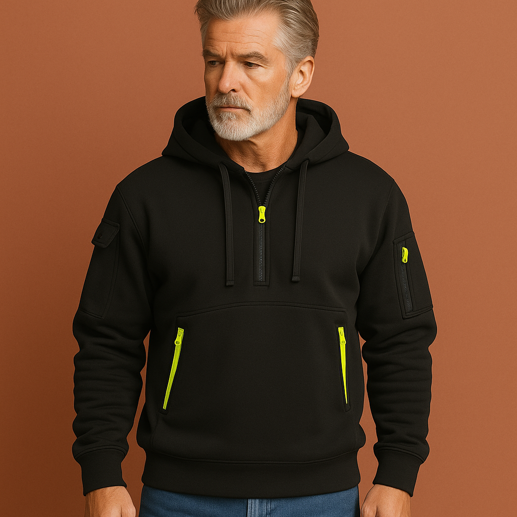 Men’s functional hoodie in black with multiple pockets, soft and comfortable for casual and outdoor use.