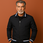 Men’s lightweight transitional jacket in black with sporty collar, breathable and stylish for casual outfits.