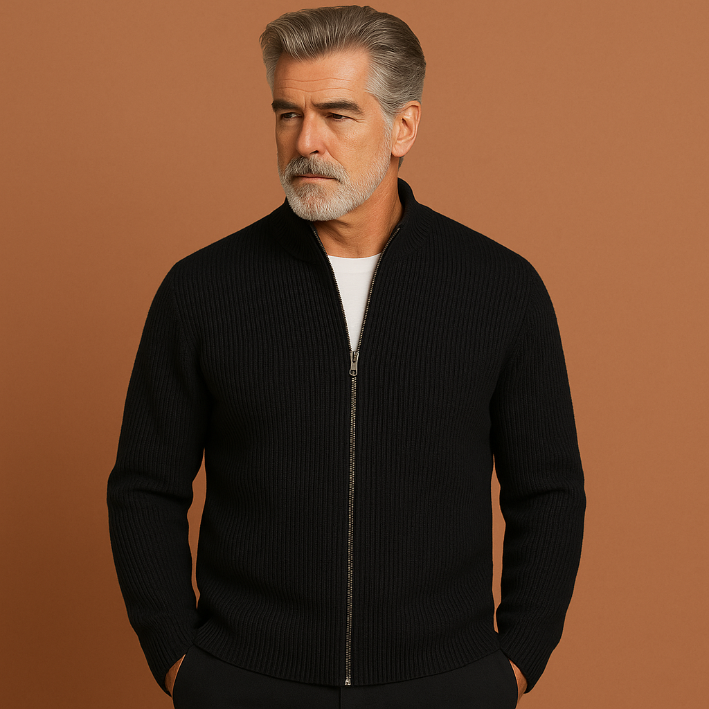 Men’s premium soft cardigan in black, warm and comfortable with a timeless design for casual and formal outfits.