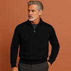 Men’s quarter zip sweater in black, soft and comfortable for stylish and casual outfits.