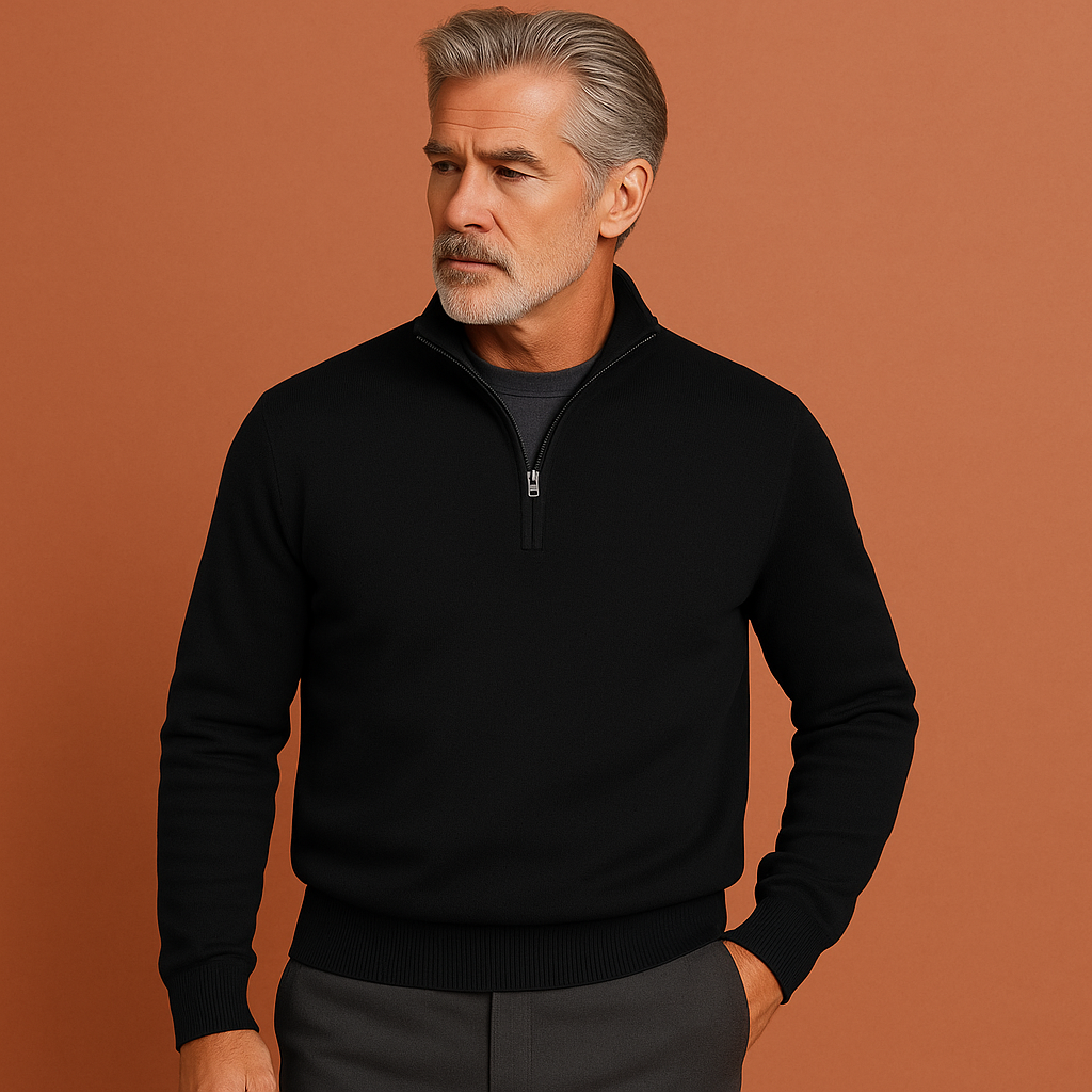 Men’s quarter zip sweater in black, soft and comfortable for stylish and casual outfits.