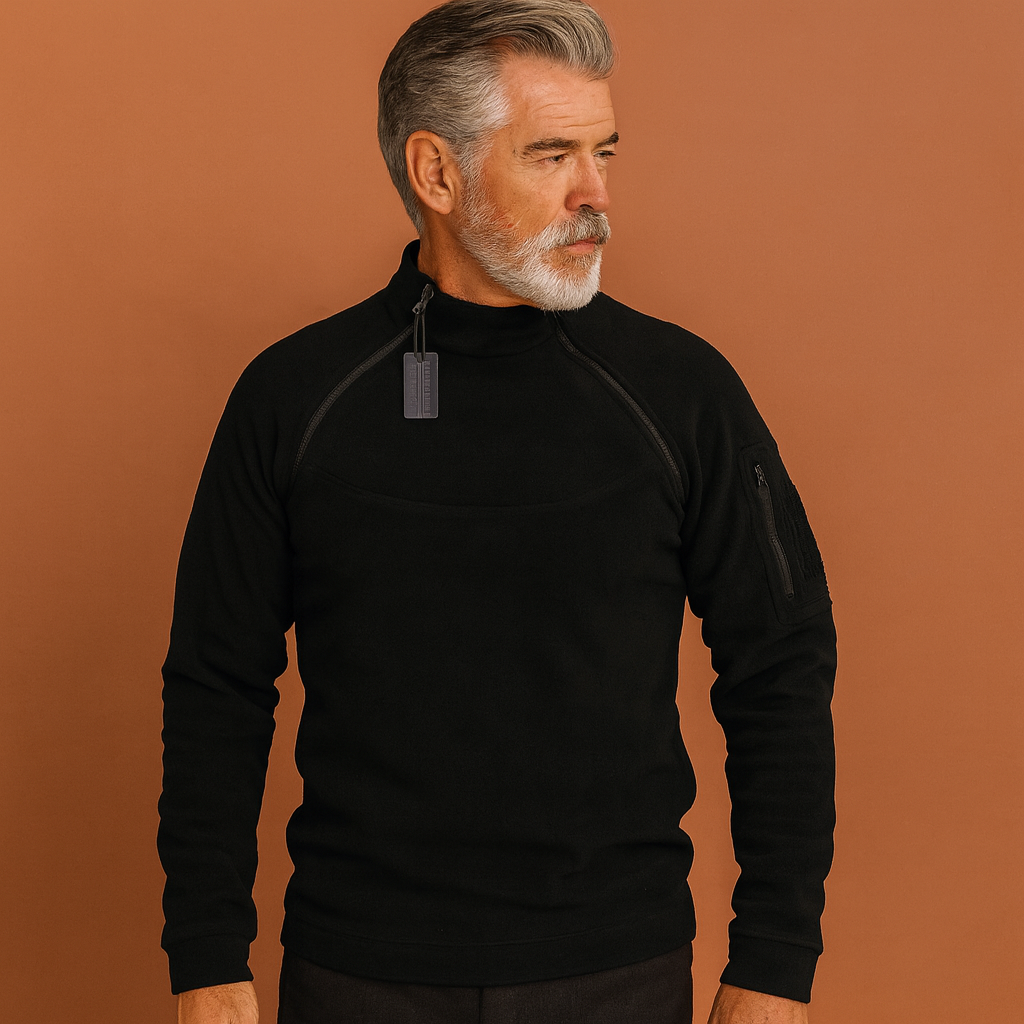 Men’s tactical fleece sweater in black with windproof design, durable and comfortable for outdoor adventures.