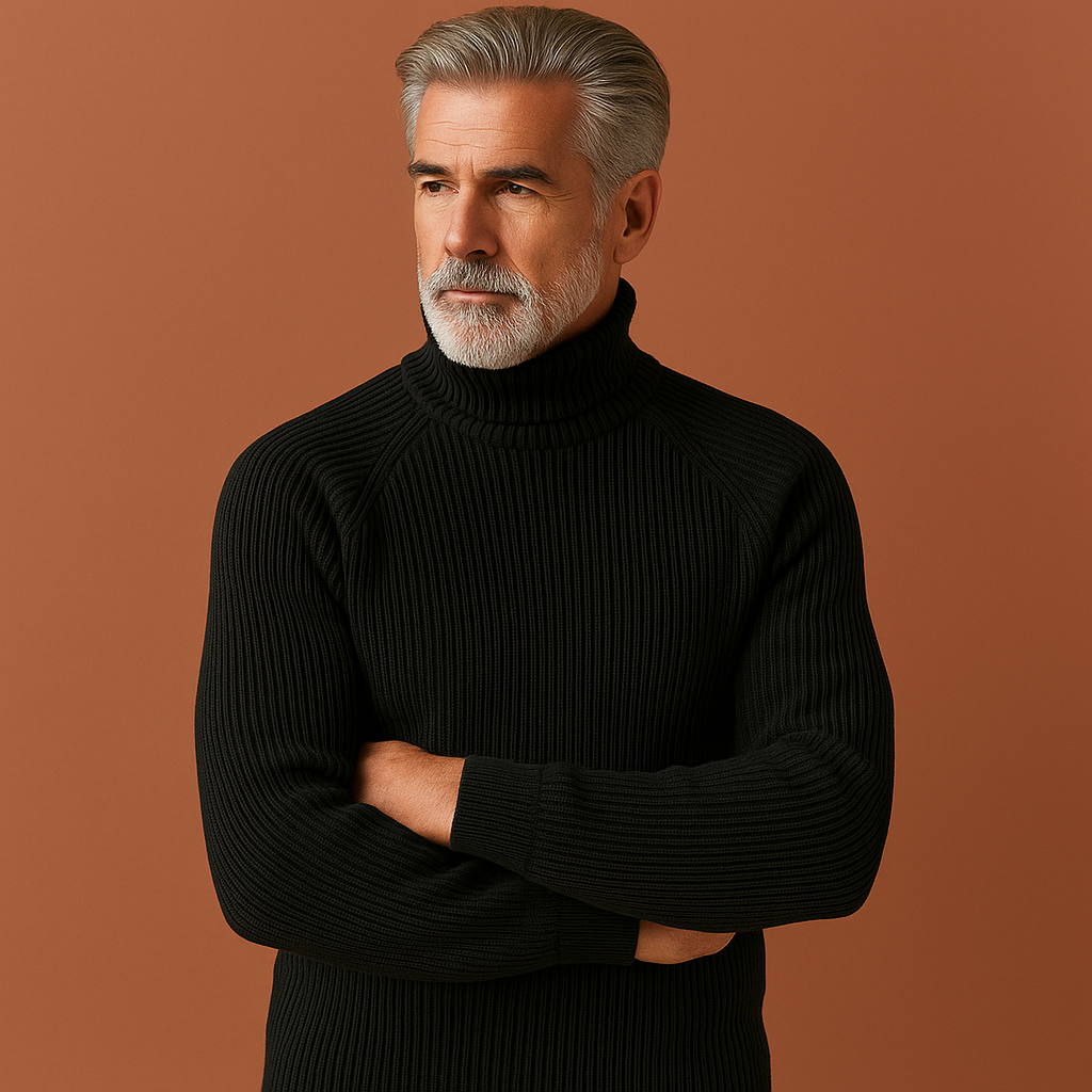 Men’s turtleneck sweater in black with elegant fit, soft and comfortable for casual and formal outfits.