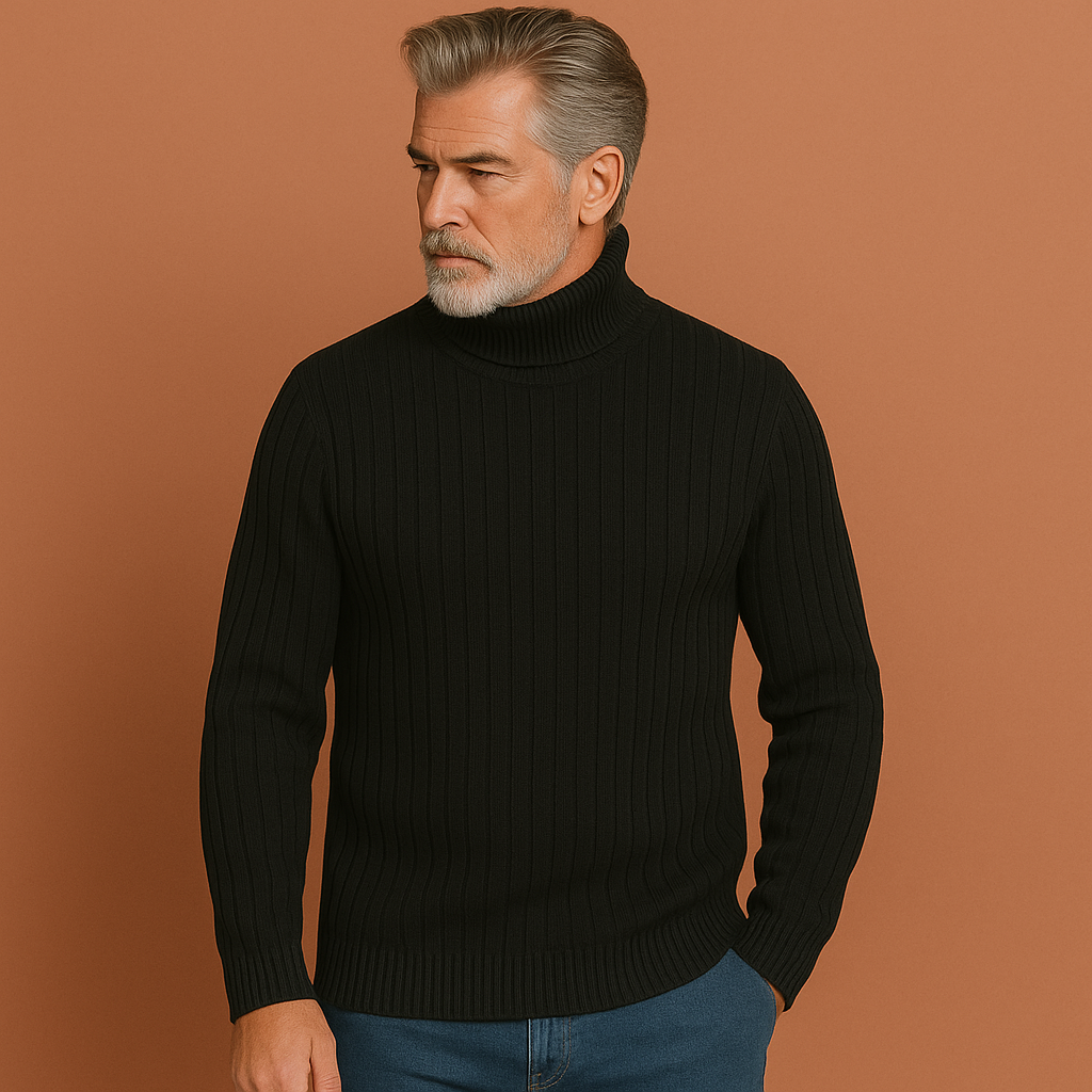 Men’s turtleneck sweater in black with a timeless design, warm and comfortable for casual and formal outfits.