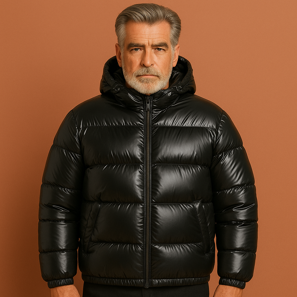 Men’s water-repellent puffer jacket in black with modern fit, warm and stylish for outdoor and daily winter wear.
