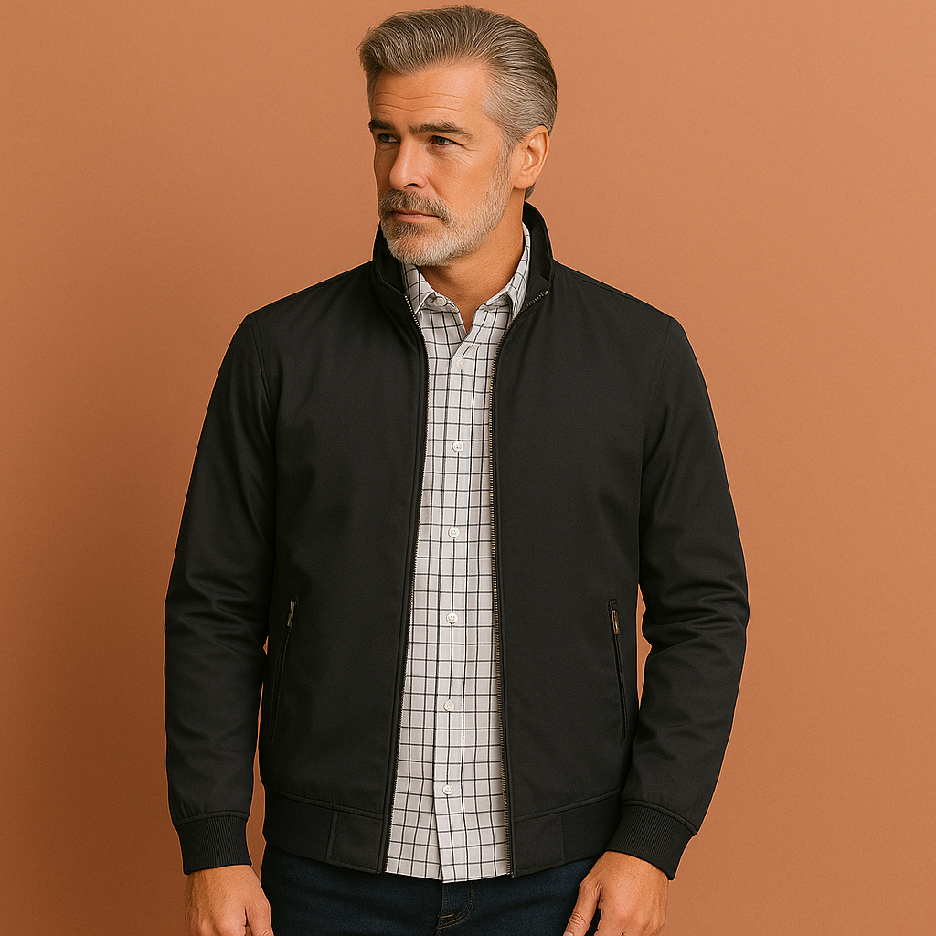 Men’s windproof summer jacket in black with a modern fit, lightweight and stylish for spring and summer outfits.