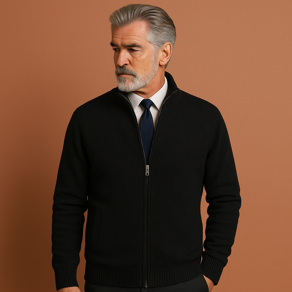 Men’s zipped jacket in black with high collar and front pockets, stylish and comfortable for spring and fall outfits.