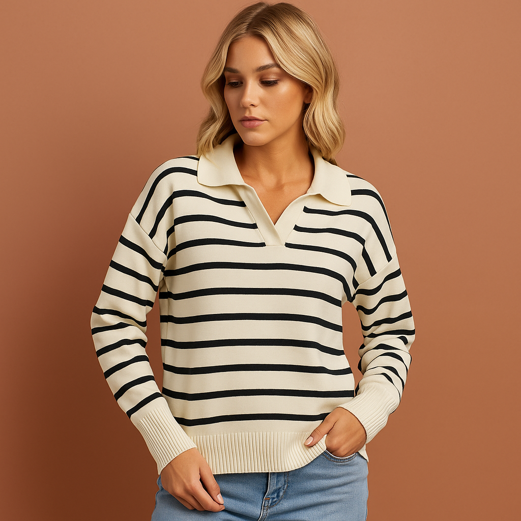 Women’s long sleeve striped polo in black with elegant design, soft and comfortable for casual and stylish outfits.