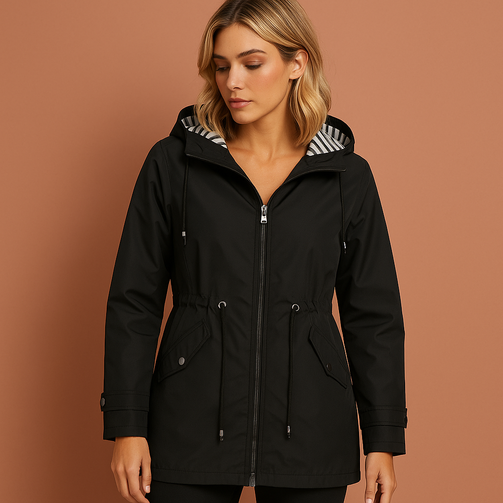 Women’s long waterproof raincoat in black with hood, breathable and stylish for rainy days.