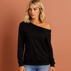 Women’s off-shoulder sweater in black with elegant design, soft and comfortable for casual and stylish outfits.