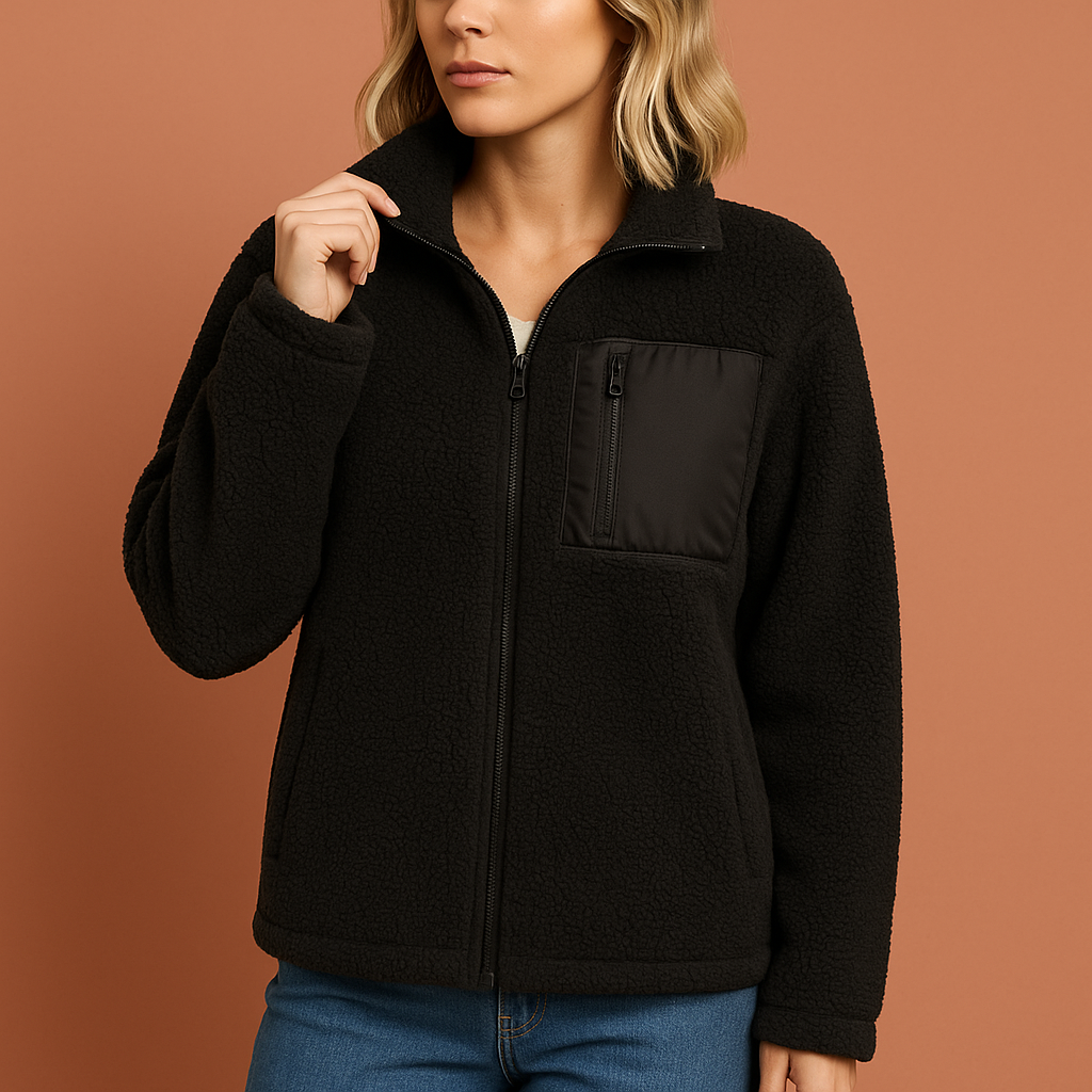 Women’s teddy zip jacket in black with cozy fit and high collar, perfect for stylish cold-weather outfits.