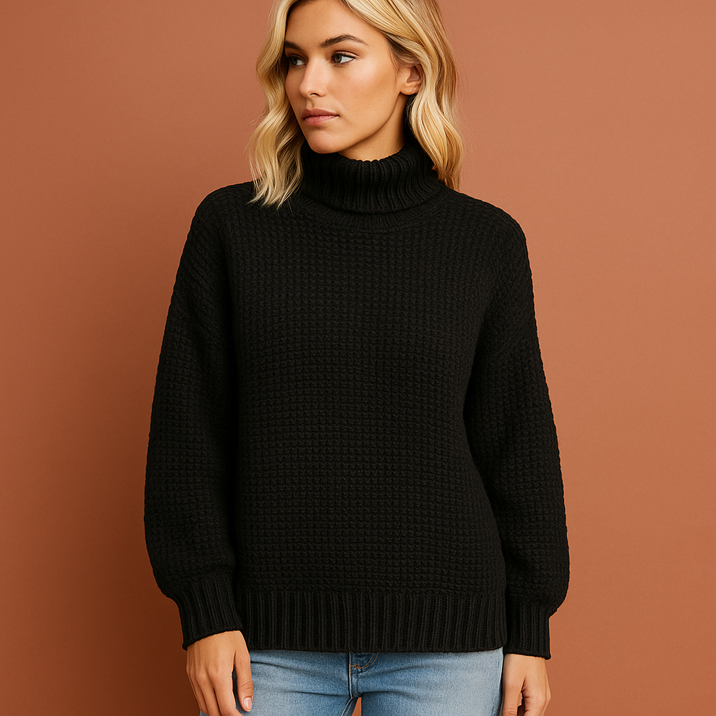 Women’s turtleneck sweater in black with minimalist design, soft and comfortable for casual and stylish outfits.