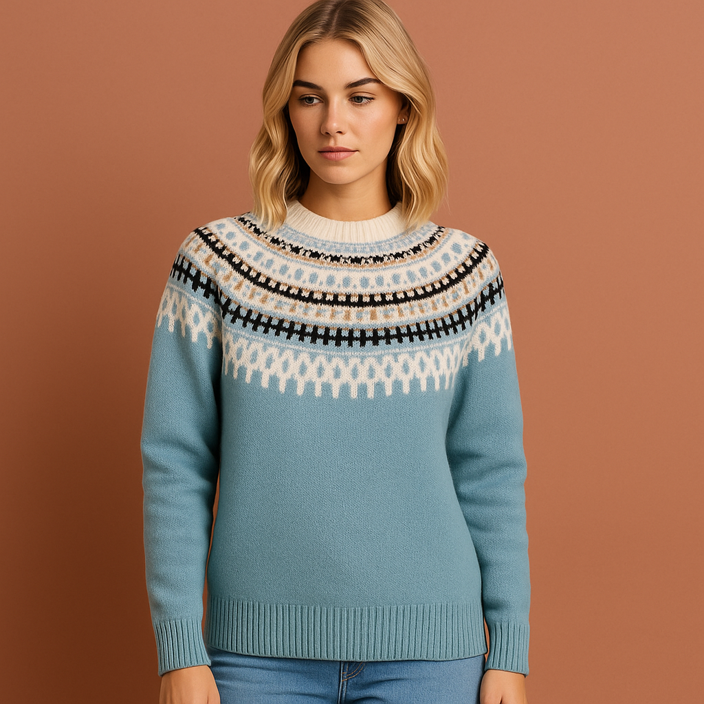 Women’s knitted sweater in blue with Scandinavian winter pattern, soft and comfortable for casual and stylish cold-weather outfits.