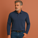 Men’s long sleeve polo sweater in blue with classic design, soft and comfortable for casual and business outfits.