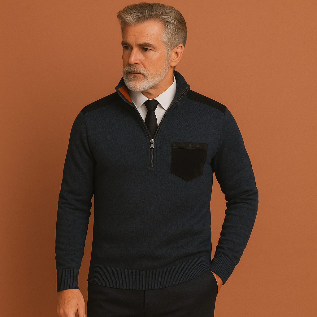 Men’s pullover sweater in blue with collar and chest pocket, comfortable and stylish for casual and cool-weather outfits.