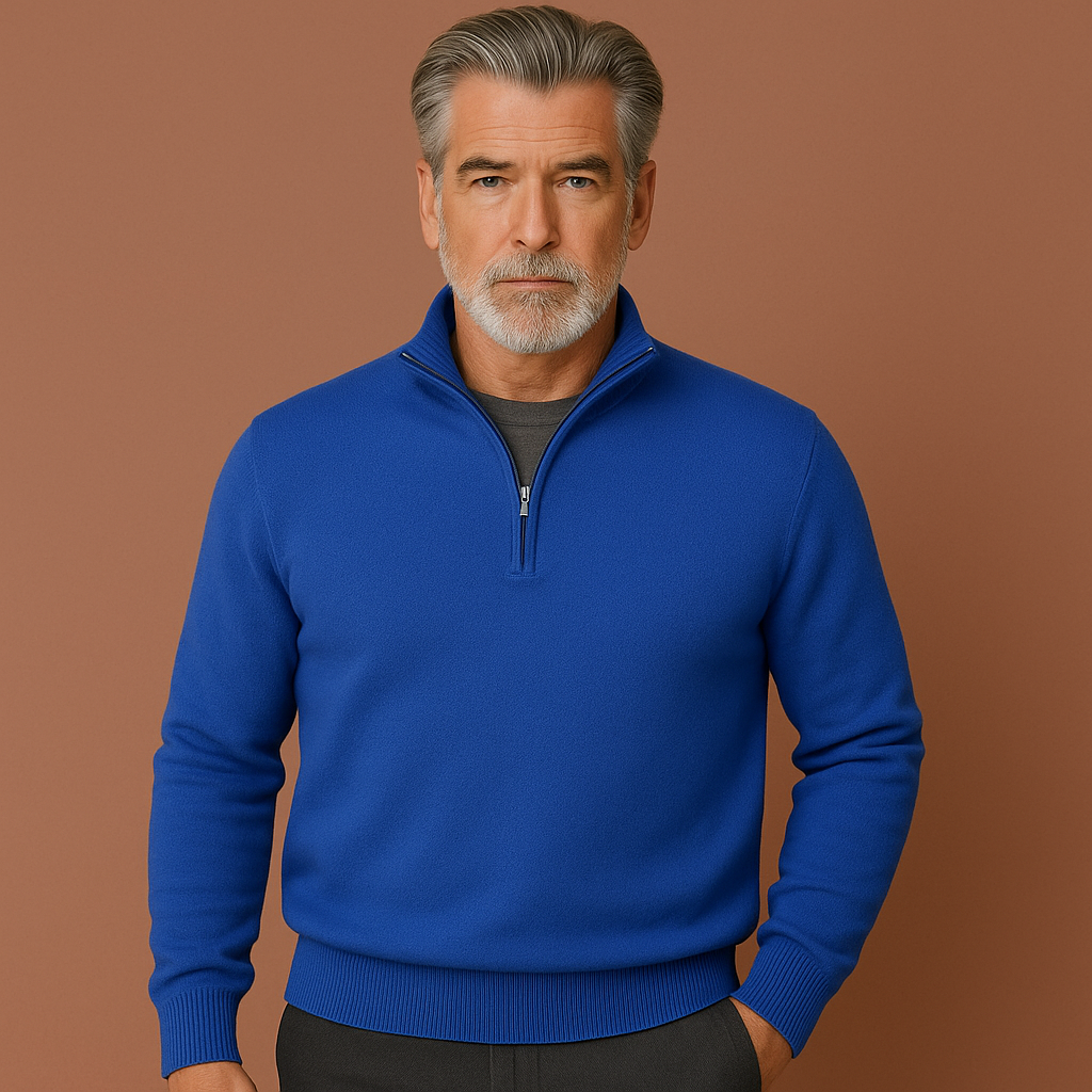 Men’s quarter zip sweater in blue, soft and comfortable for stylish and casual outfits.