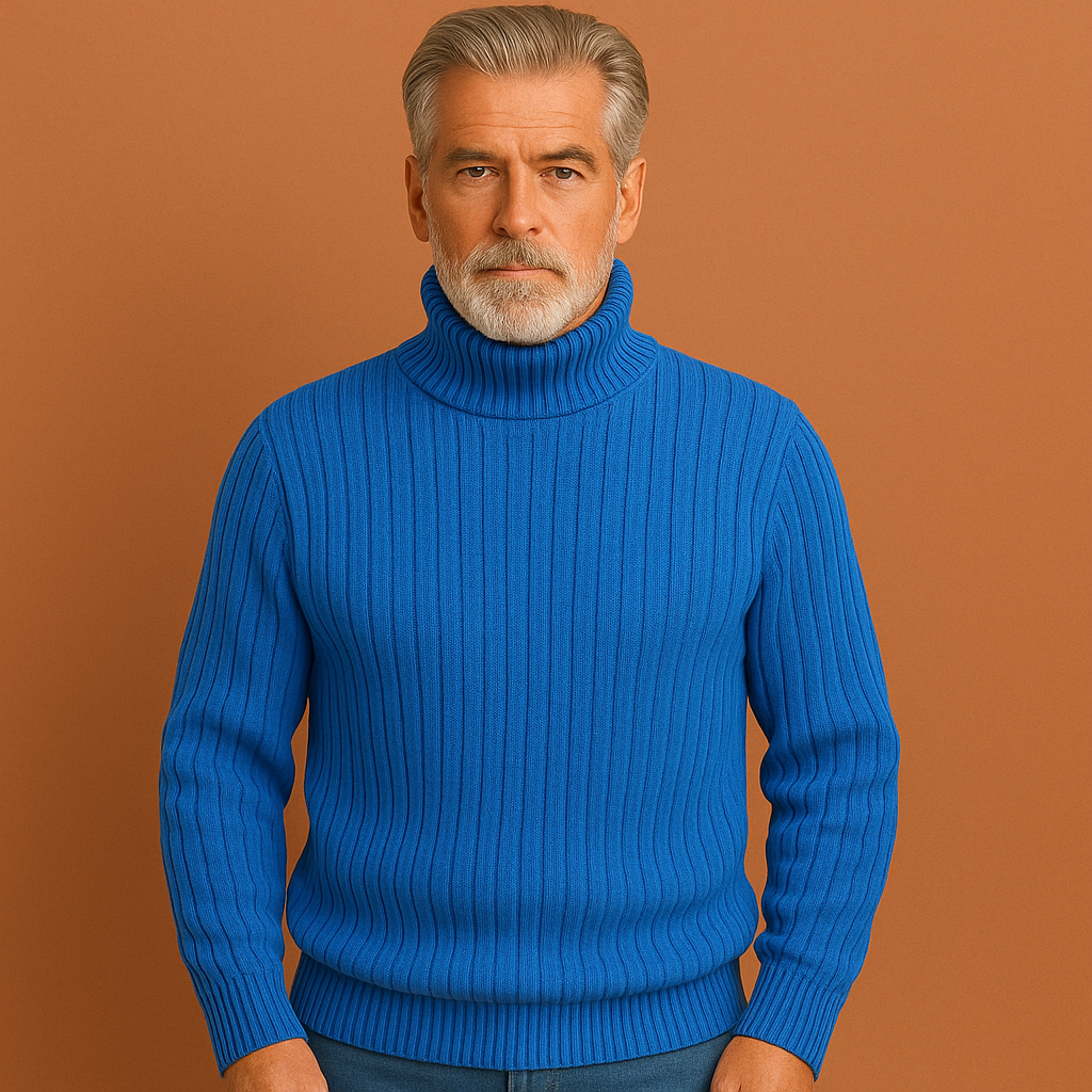 Men’s turtleneck sweater in blue with a timeless design, warm and comfortable for casual and formal outfits.