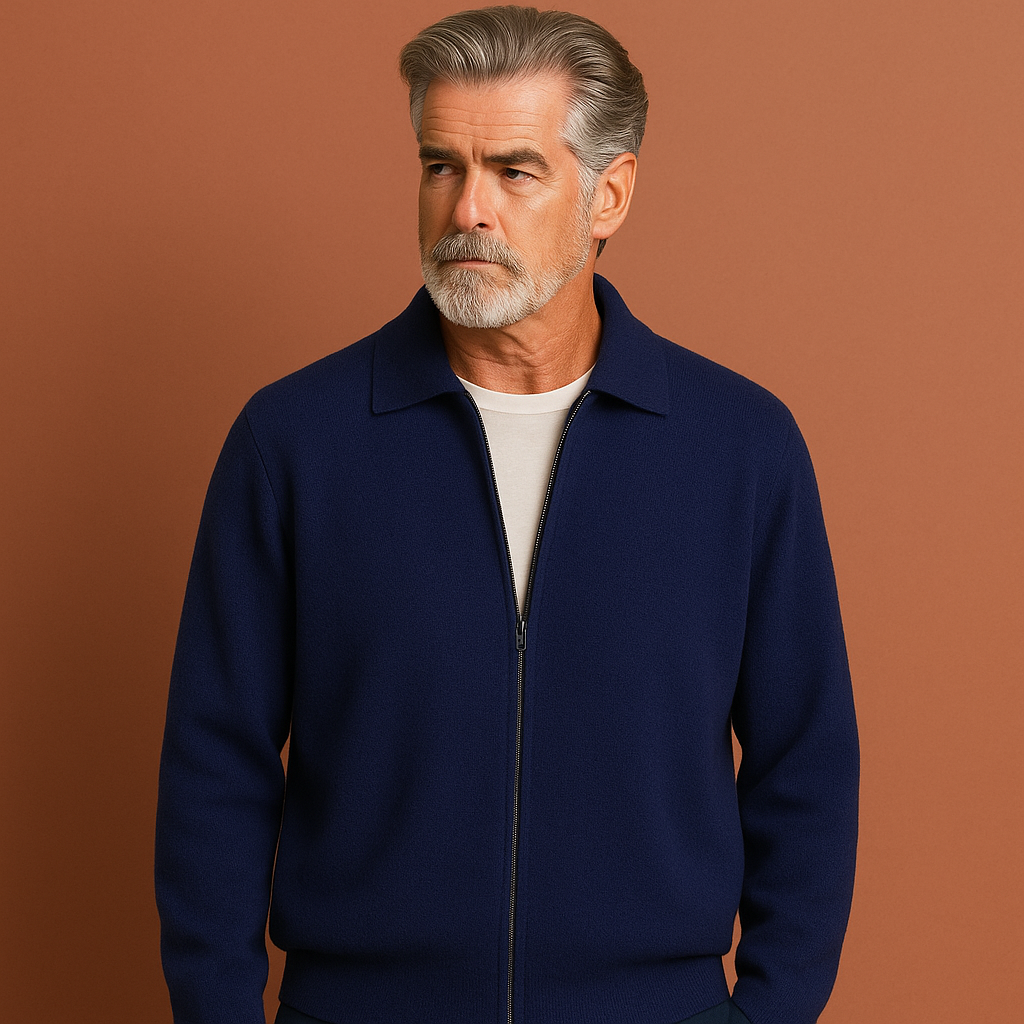 Men’s zip-up cardigan in blue with regular fit, modern design and comfortable feel for casual and semi-formal outfits.