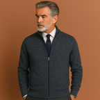 Men’s zipped jacket in blue with high collar and front pockets, stylish and comfortable for spring and fall outfits.