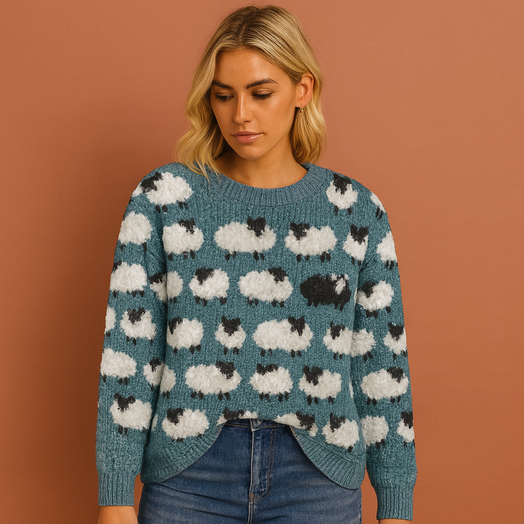 Women’s knitted sweater in blue with playful sheep pattern, soft and cozy for casual and stylish winter outfits.
