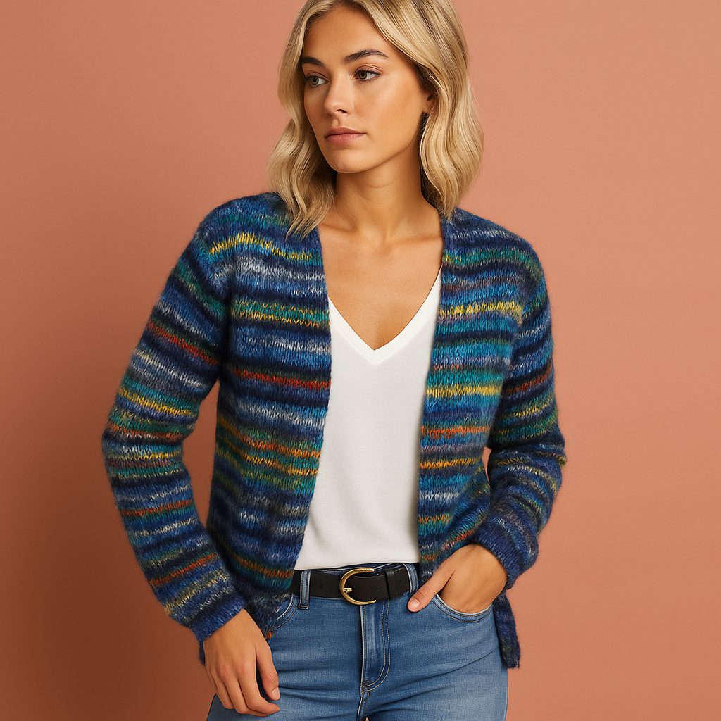 Women’s cardigan in blue with modern color design, soft and comfortable for casual and stylish outfits.