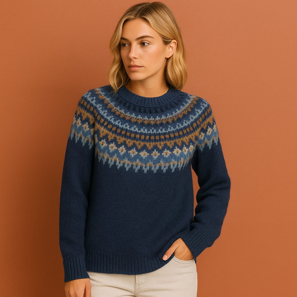 Women’s knitted sweater in blue with Scandinavian pattern, soft and comfortable for stylish and cozy winter outfits.