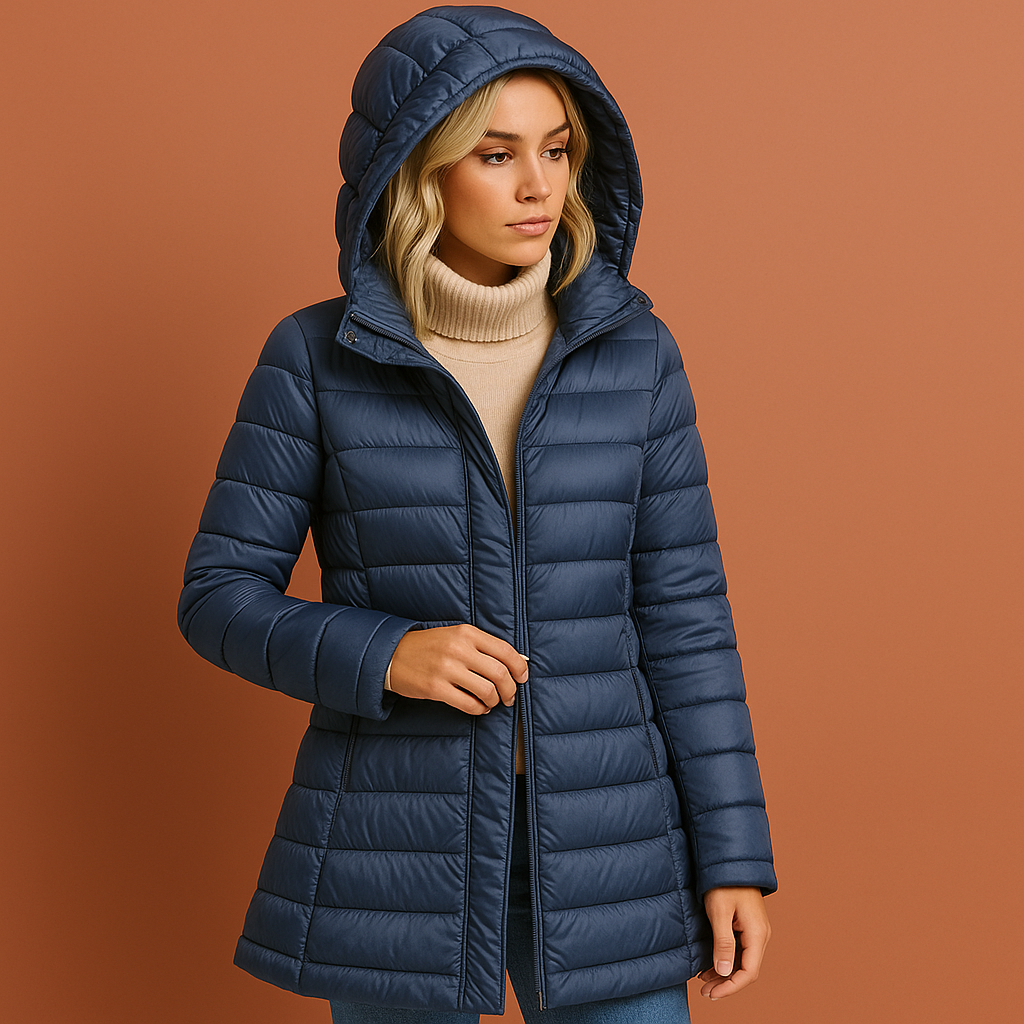 Women’s quilted jacket in blue with detachable hood and lightweight design, warm and comfortable for casual fall and winter outfits.