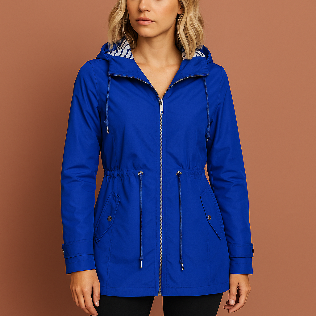 Women’s long waterproof raincoat in blue with hood, breathable and stylish for rainy days.