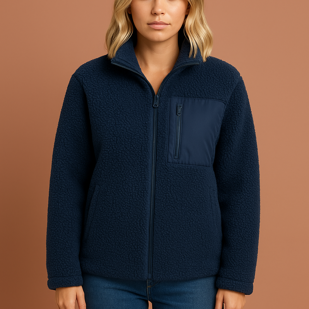 Women’s teddy zip jacket in blue with cozy fit and high collar, perfect for stylish cold-weather outfits.