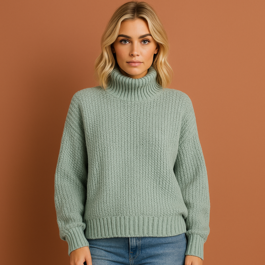 Women’s turtleneck sweater in blue with minimalist design, soft and comfortable for casual and stylish outfits.